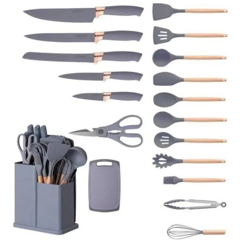 Kit Completo Jogo Utensílios de Cozinha Luxo 19 Peças Com Tábua em Silicone Espátula Faca Tesoura 2000GR Kitchen Presente Cores