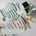 Kit Completo Jogo Utensílios de Cozinha Luxo 19 Peças Com Tábua em Silicone Espátula Faca Tesoura 2000GR Kitchen Presente Cores