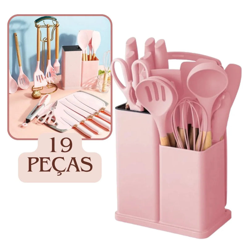 Kit Completo Jogo Utensílios de Cozinha Luxo 19 Peças Com Tábua em Silicone Espátula Faca Tesoura 2000GR Kitchen Presente Cores