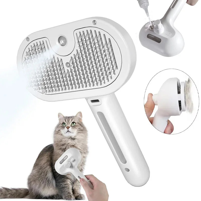 Escova 3 em 1 para Cães e Gatos: Escova Elétrica para Limpeza de Pets com Spray a Vapor, Escova de Massagem Removedora de Pelos, Pente Anti-Emaranhados.