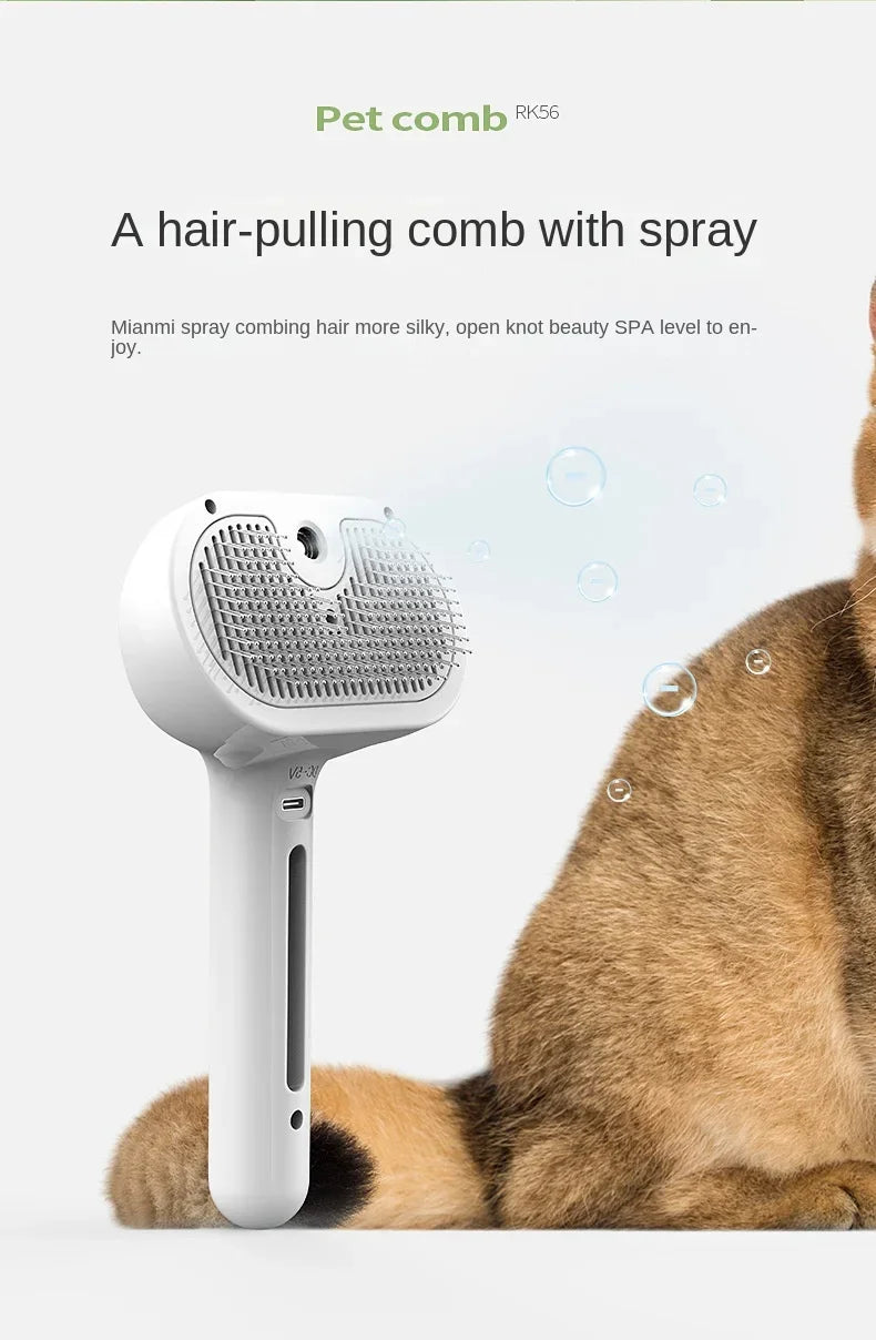 Escova 3 em 1 para Cães e Gatos: Escova Elétrica para Limpeza de Pets com Spray a Vapor, Escova de Massagem Removedora de Pelos, Pente Anti-Emaranhados.