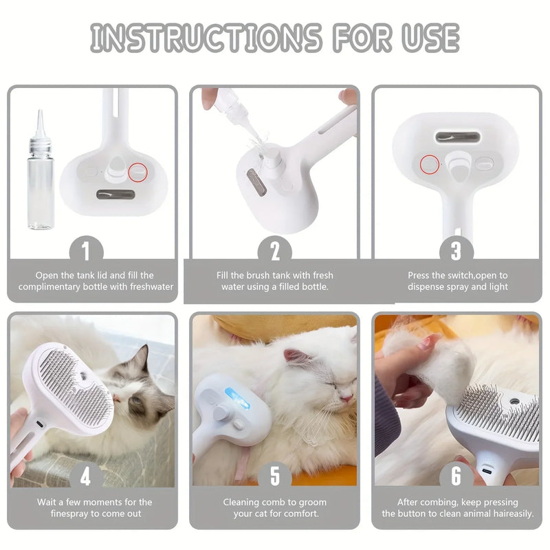 Escova 3 em 1 para Cães e Gatos: Escova Elétrica para Limpeza de Pets com Spray a Vapor, Escova de Massagem Removedora de Pelos, Pente Anti-Emaranhados.