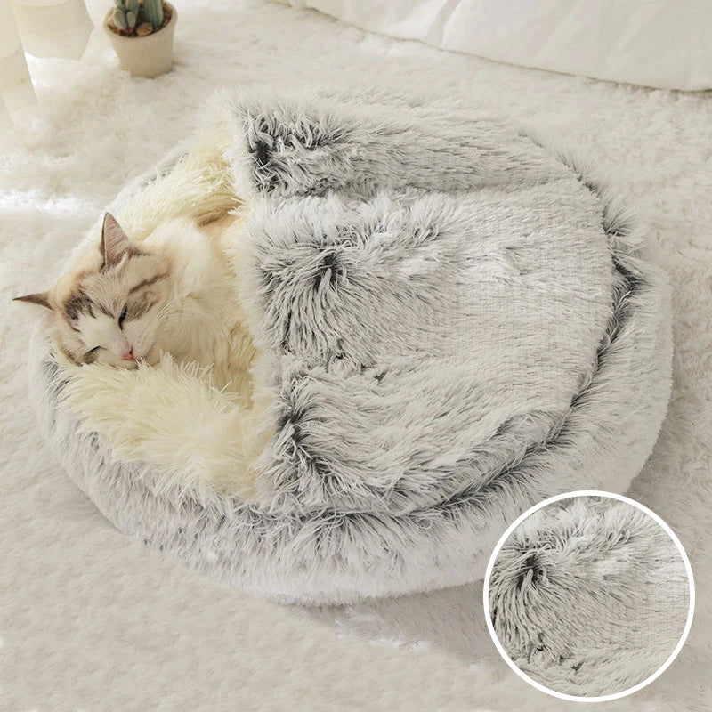 Cama de Gato Inverno 2 em 1 - Cama Redonda Quente para Pet, Casa de Plush Longo, Cama para Cães e Gatos Pequenos, Saco de Dormir Quente, Almofada Sofá Ninho para Gatinhos