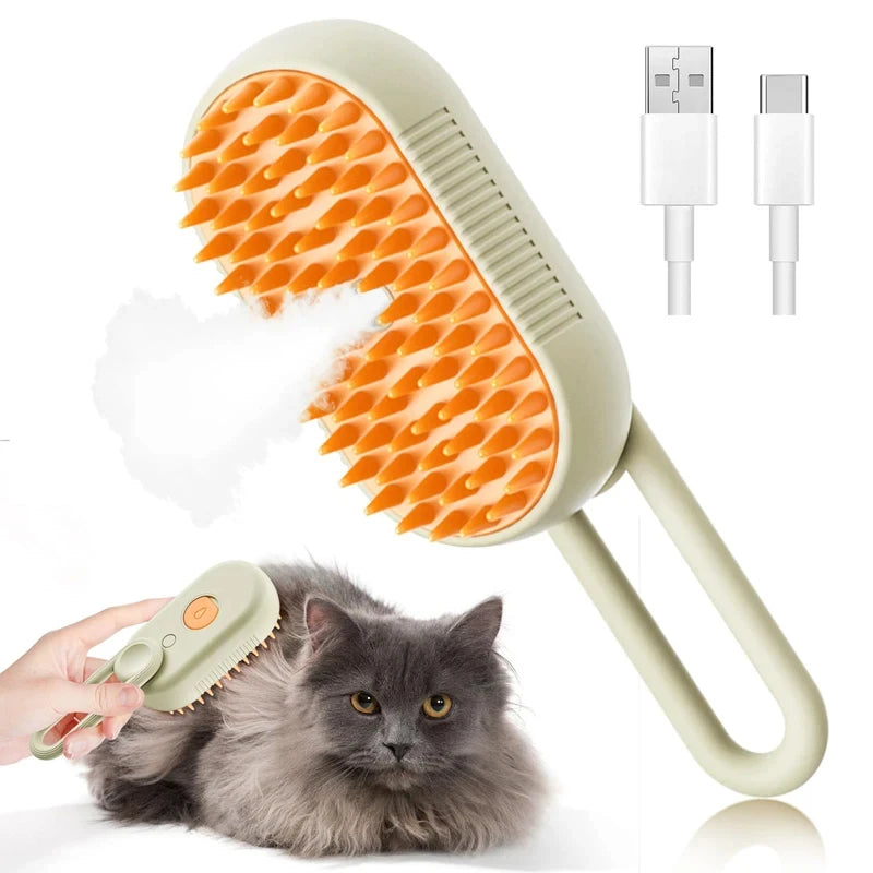 Escova 3 em 1 para Cães e Gatos: Escova Elétrica para Limpeza de Pets com Spray a Vapor, Escova de Massagem Removedora de Pelos, Pente Anti-Emaranhados.