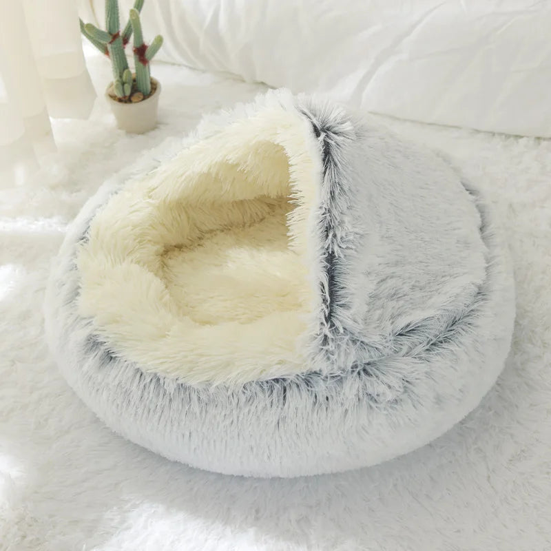 Cama de Gato Inverno 2 em 1 - Cama Redonda Quente para Pet, Casa de Plush Longo, Cama para Cães e Gatos Pequenos, Saco de Dormir Quente, Almofada Sofá Ninho para Gatinhos